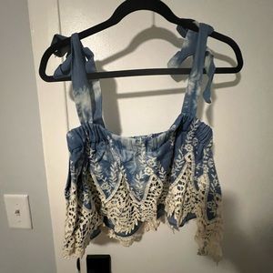 Show Me Your MuMu Chambray Crochet Lace Tie Strap Crop Top Tank